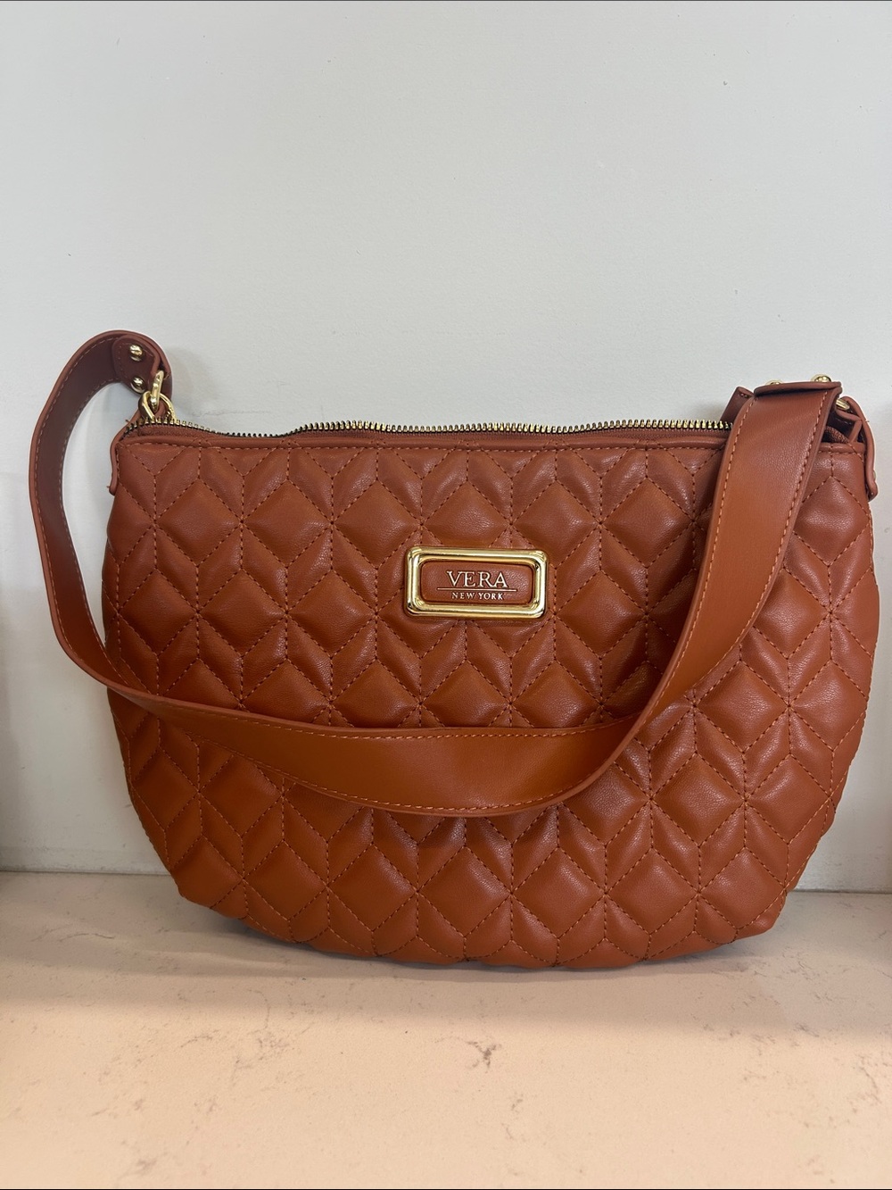 Vera New York Quilted Crossbody Bag in Cognac